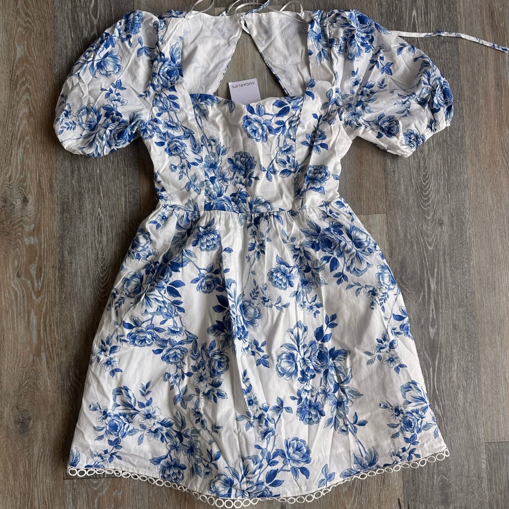 SUGARLIPS Blue Floral Balloon Sleeve Derby Sundress  SIZE XS